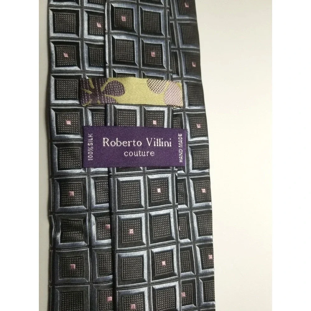 Roberto Villini‎ Couture Black Silver Geometric w/Squares Pointed Silk Tie
